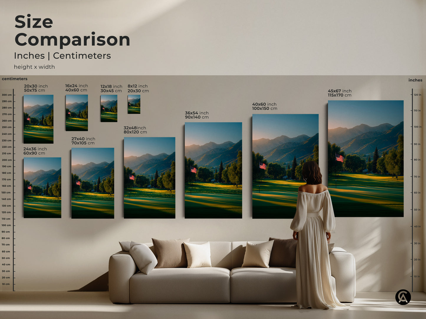 Size comparison of golf course art prints. See the artwork in inches and centimeters. Visualize the art above a couch. Various sizes available to match your decor. Find the perfect fit for your space today.