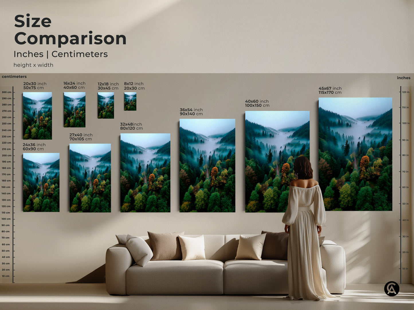 Size comparison of forest artwork in inches and centimeters. See how different dimensions of canvas and poster prints look in a living room setting. Choose the ideal size to enhance your home decor with this misty forest valley art.