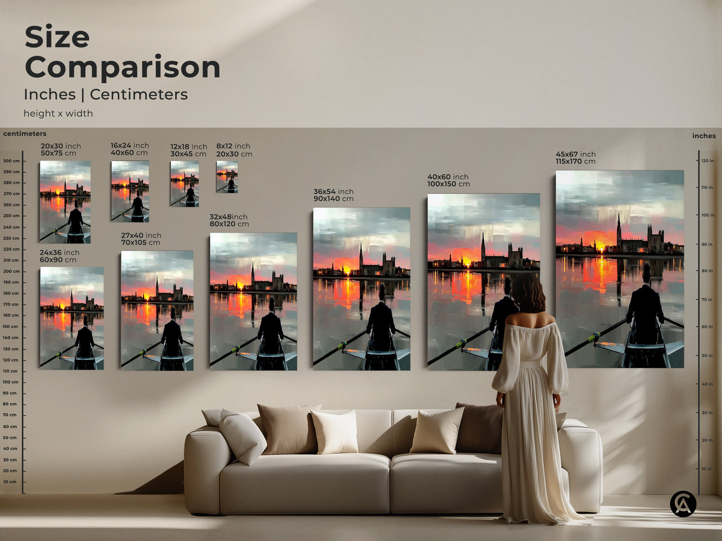 A size comparison guide shows rowing sunset artwork in various sizes. It provides a visual comparison in inches and centimeters. The art is displayed above a sofa. It helps understand the scale of the canvas or poster. Choose the perfect size for your space. Impressionistic landscape perfect for modern decor.