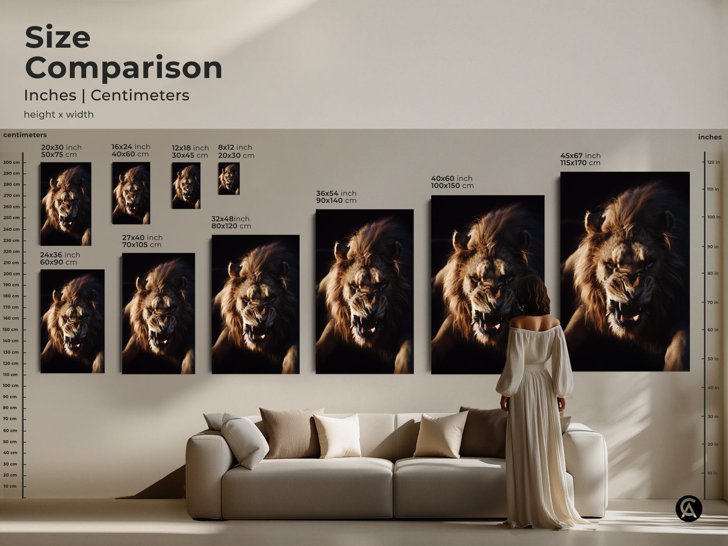 Size comparison for the lion face wall art in inches and centimeters. See how the sizes compare with a sofa and a person. Available from small to large sizes. Perfect as modern wildlife home decor or a striking focal point in living rooms.