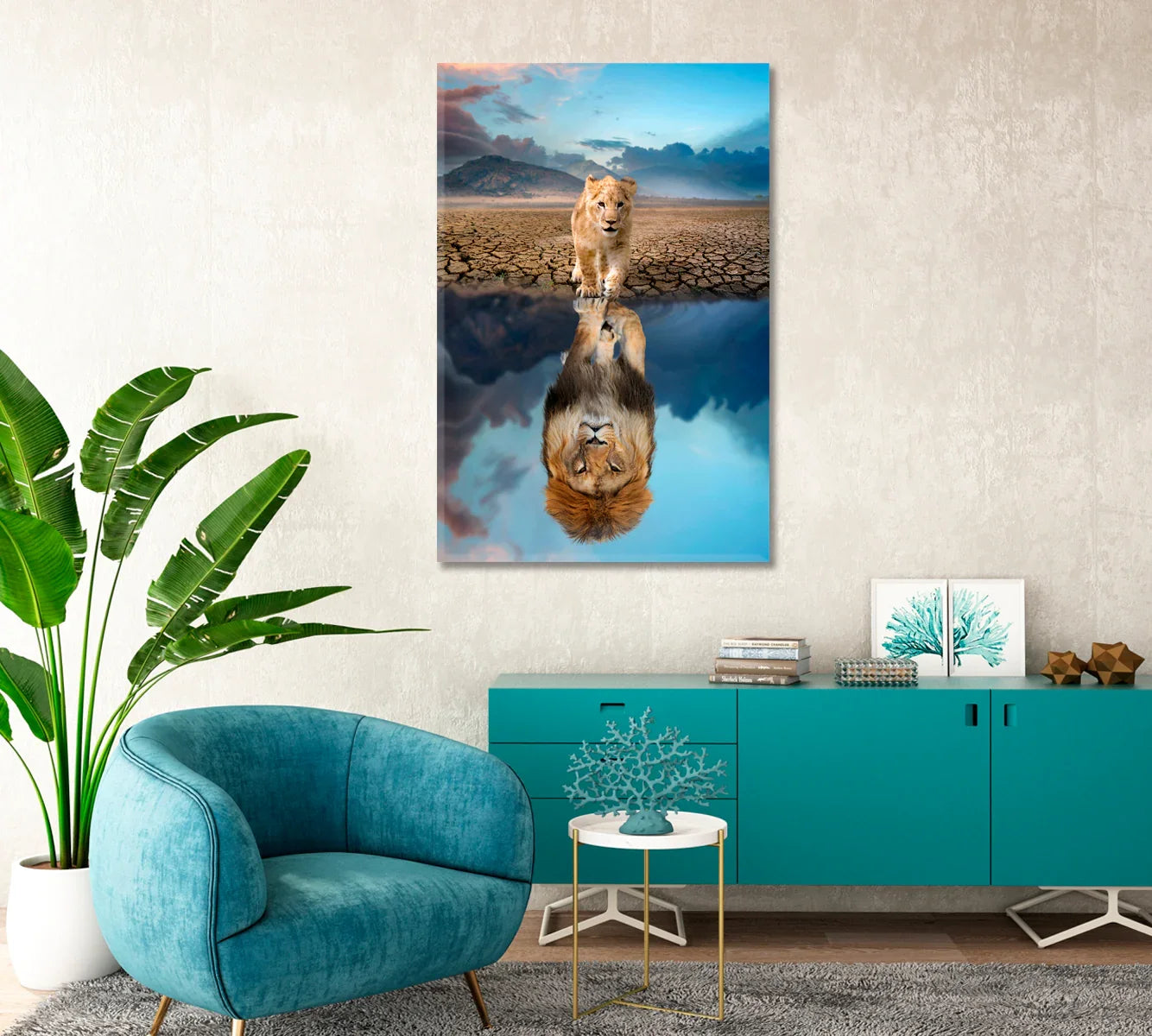 Lion Reflection Art for Living Room-Canvas Print-CetArt-1 panel-16x24 inches-CetArt