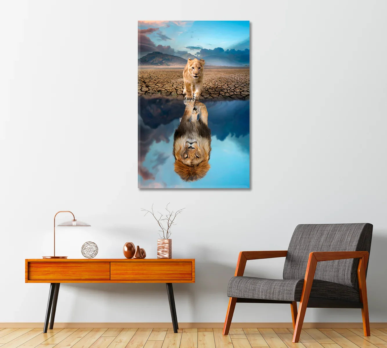 Lion Reflection Art for Living Room-Canvas Print-CetArt-1 panel-16x24 inches-CetArt