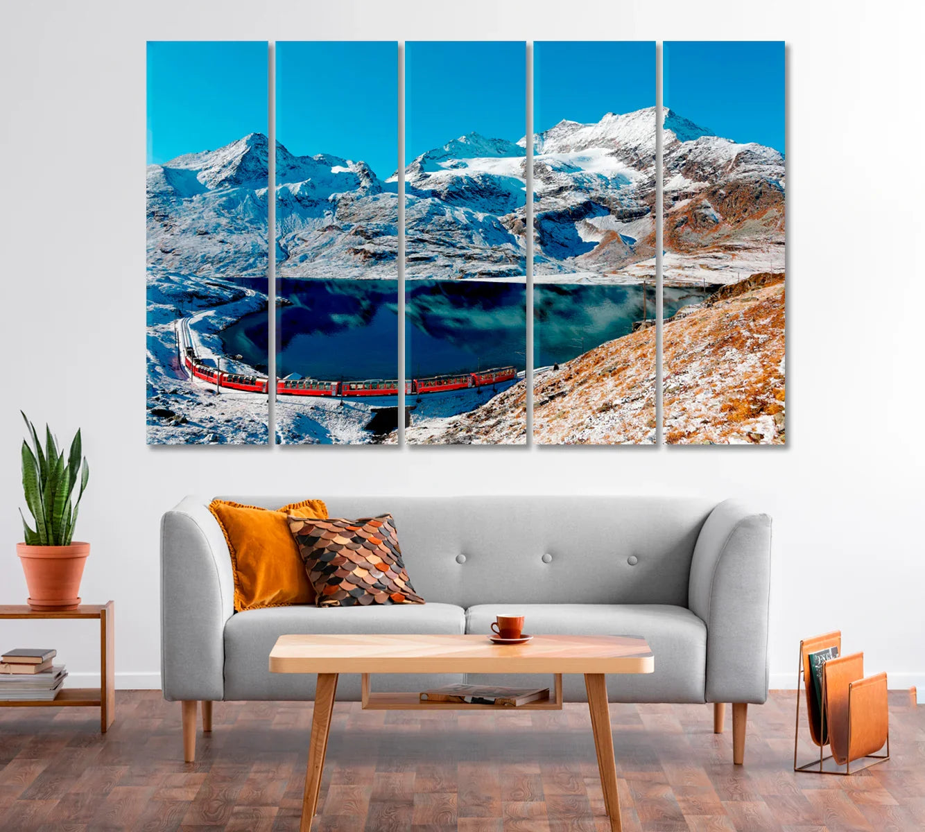 Train Running Along the Shores of Lake Lago Bianco Alps Canvas Print-Canvas Print-CetArt-1 Panel-24x16 inches-CetArt