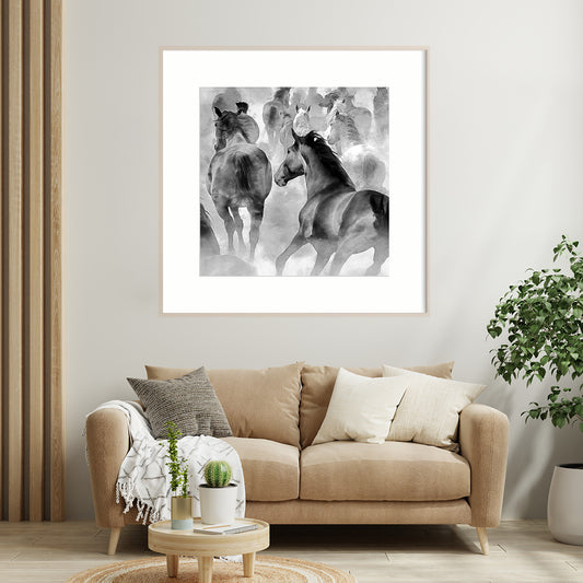 Herd of Horses Black And White Posters Decoration for Interior-Square Posters NOT FRAMED-CetArt-8″x8″ inches-CetArt