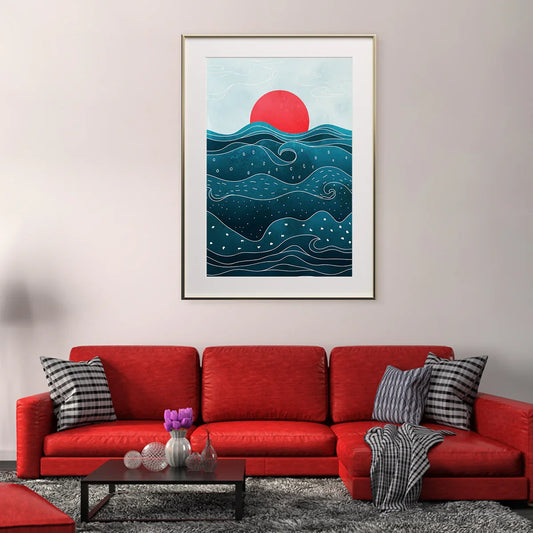 Red Sun in Blue Sea Waves Posters Wall Art Decor Japanese Style-Vertical Posters NOT FRAMED-CetArt-8″x10″ inches-CetArt