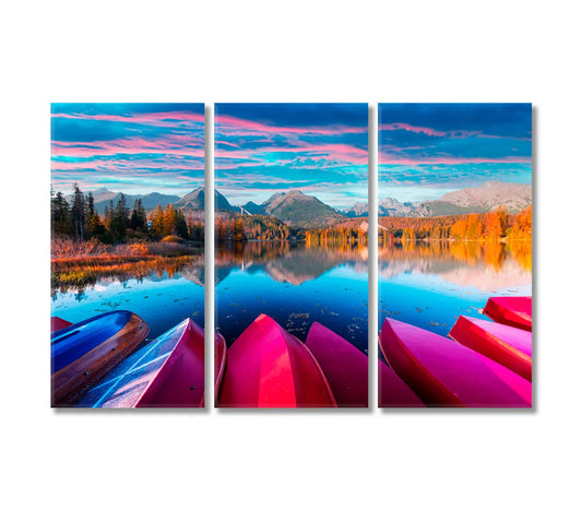 Red Wooden Boats at Lake Štrbské Pleso Canvas Print