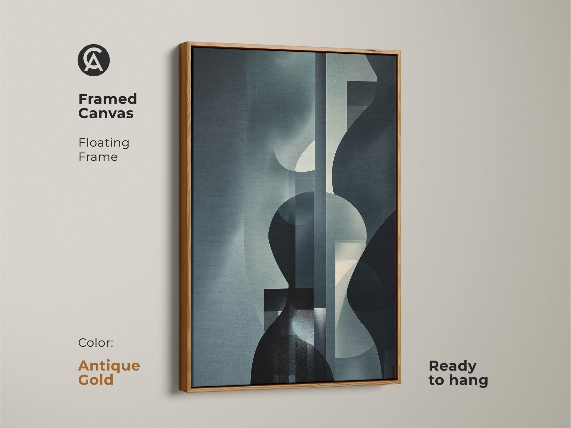 Abstract geometric artwork in navy gray and teal displayed as framed canvas art. The piece comes with an antique gold floating frame. This is a modern artwork ready to hang.
