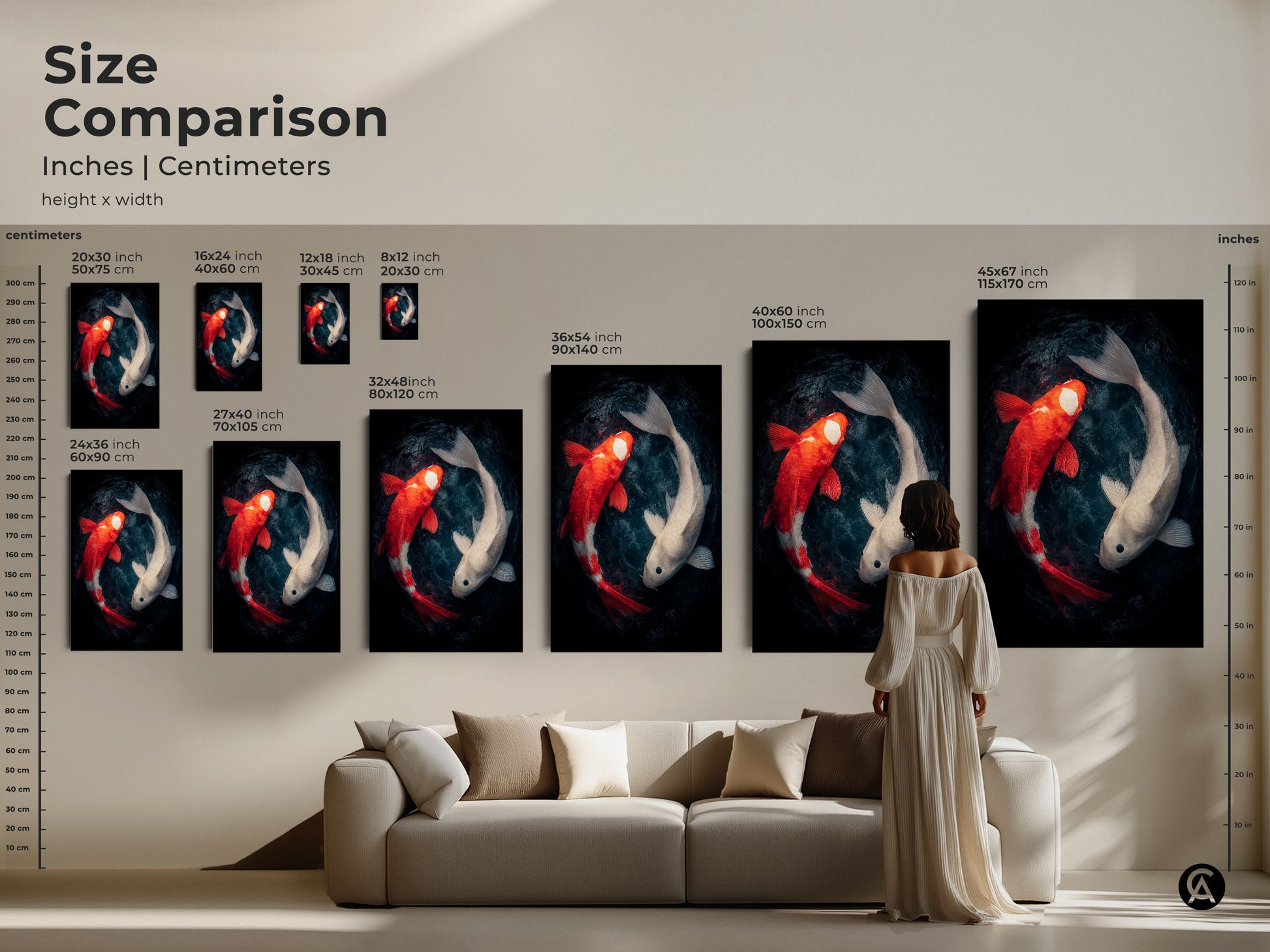 A size comparison shows the unique koi fish art in various sizes. The art is displayed above a sofa for scale. Sizes range from small to large to fit any wall space or aesthetic.