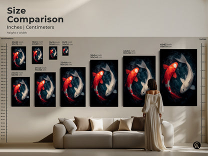 A size comparison shows the unique koi fish art in various sizes. The art is displayed above a sofa for scale. Sizes range from small to large to fit any wall space or aesthetic.