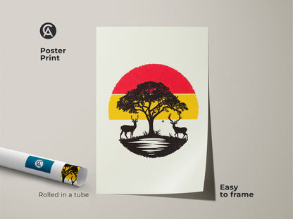 Poster print showcasing minimalist deer wall art rolled in a tube ready to frame. This acacia tree canvas print has a red and yellow sunset. It's a black silhouette landscape perfect for nature enthusiasts. It offers a contemporary landscape art.