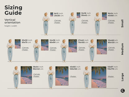 Discover the perfect size with our tropical beach artwork sizing guide. Visualize various vertical orientation options with canvas and poster prints. Transform your space with this coastal art featuring palm trees and a boat on a serene beach.