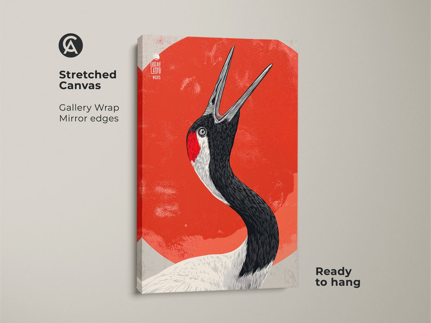 Stretched Canvas featuring a Japanese Crane wall art with gallery wrapped mirror edges ready to hang. The red and orange bird artwork offers a modern folk art touch. Ideal as nature-inspired decor for those seeking artistic crane prints.
