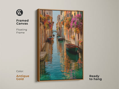 Framed canvas of Venice canal artwork. A floating frame in antique gold enhances this Italian romantic landscape. Ready to hang. The colorful boats and flowers bring vibrant life to any room.