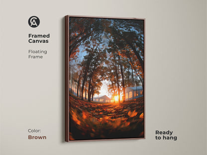 Framed canvas artwork featuring a sunset forest scene with a brown floating frame. Ready to hang. This elegant art piece brings warmth to your walls. The sun is setting behind the distant tents. Purchase this framed canvas now.
