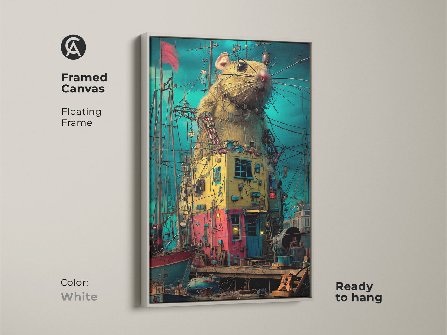 Framed canvas art showcasing a steampunk rat in a surreal harbor scene. The white floating frame highlights this unique animal artwork. Ready to hang. Its blend of teal and yellow adds a distinctive touch to your home. Great for those who love unusual art.