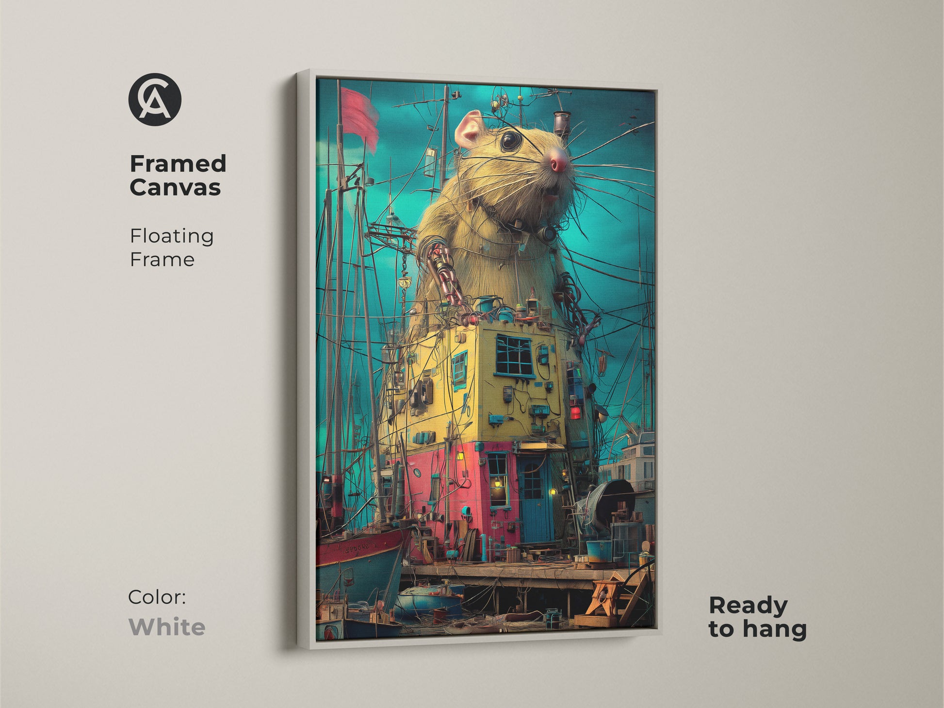 Framed canvas art showcasing a steampunk rat in a surreal harbor scene. The white floating frame highlights this unique animal artwork. Ready to hang. Its blend of teal and yellow adds a distinctive touch to your home. Great for those who love unusual art.