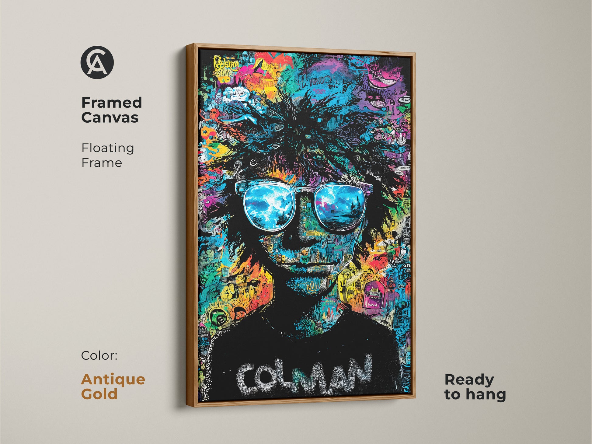 Framed canvas art in an antique gold floating frame. Ready to hang. This Colman artwork features a person with sunglasses. The lenses reflect a beach scene. The background has colorful graffiti. Add elegance with this framed art.