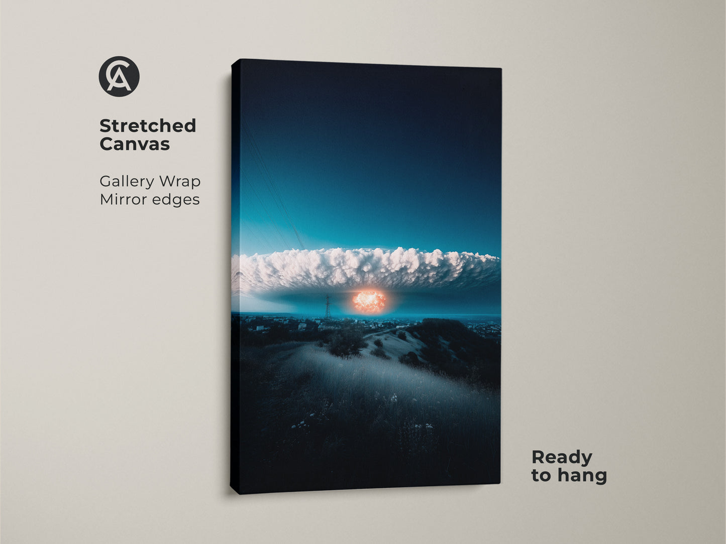 Stretched canvas art featuring a surreal nuclear explosion over a cityscape. The gallery wrap showcases mirror edges and is ready to hang. A conceptual art piece ideal for modern office or home wall decor. The deep blue and orange palette adds a dramatic touch.