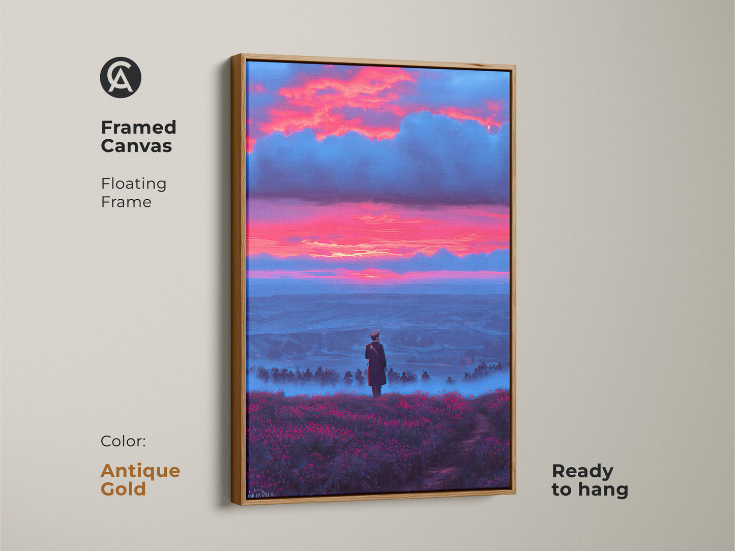 Framed canvas artwork showing a surreal skyscape. A lone figure stands in a misty valley under a dramatic crimson and blue sunset. The antique gold floating frame adds elegance to this artistic figurative painting. Perfect wanderlust wall decor ready to hang.