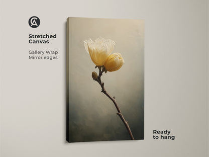 Stretched canvas featuring delicate cream botanical wall art. The gallery wrap with mirrored edges creates a clean modern look. Ready to hang this impressionist flower artwork instantly enhances your space.