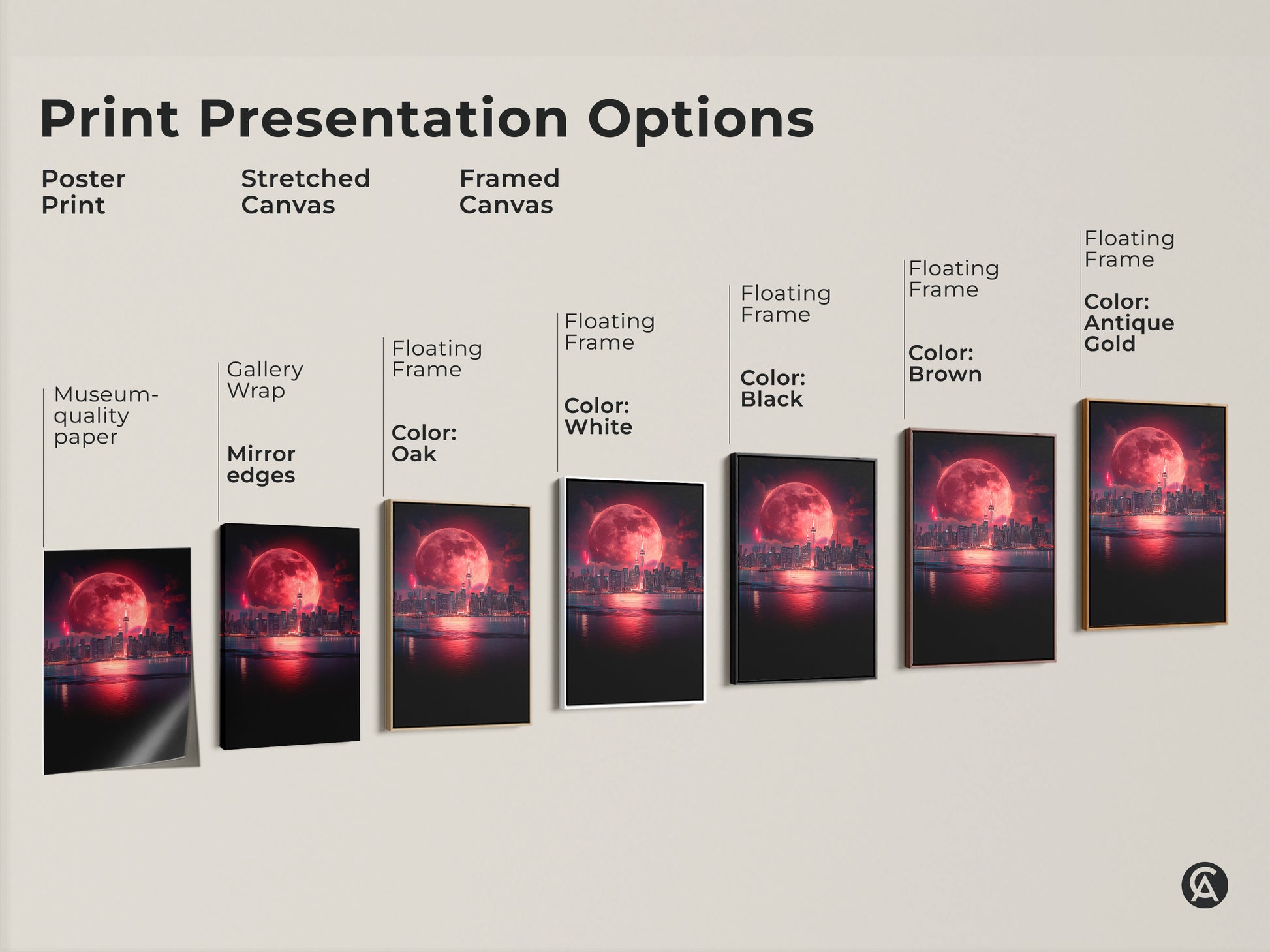 Various print options for a surreal cityscape artwork showcasing a crimson moon over a dark skyline. Choose from poster prints stretched canvas or framed art. Each option highlights the fantasy night sky art perfect for any space