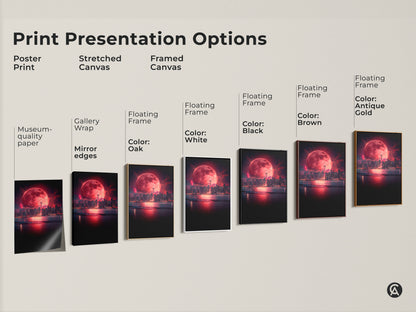 Various print options for a surreal cityscape artwork showcasing a crimson moon over a dark skyline. Choose from poster prints stretched canvas or framed art. Each option highlights the fantasy night sky art perfect for any space