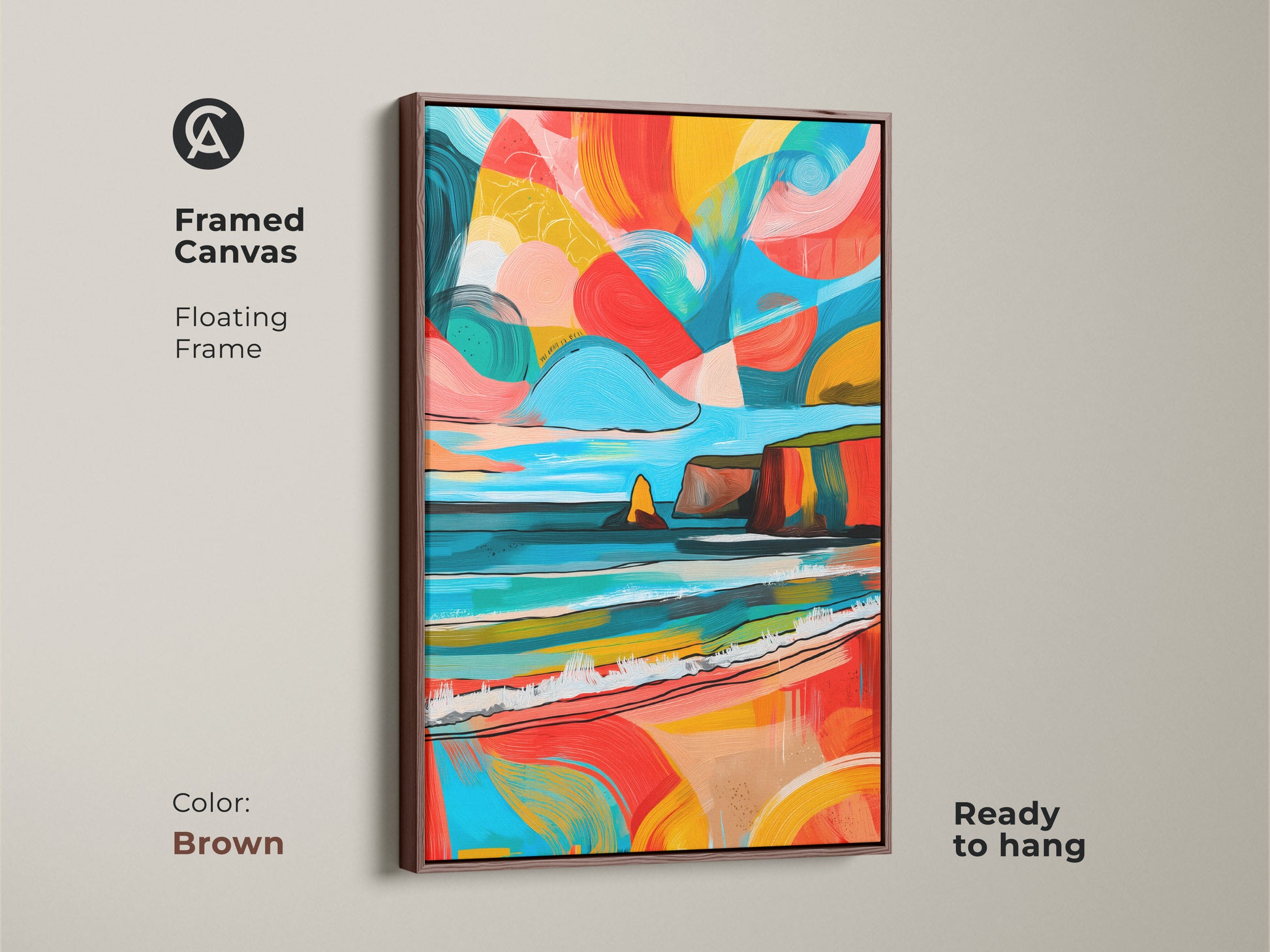 This framed canvas presents abstract coastal artwork in a brown floating frame. It’s ready to hang to elevate your space. Teal yellow and coral create ocean waves and cliffs. Enhance your home with this modern eclectic beach art.