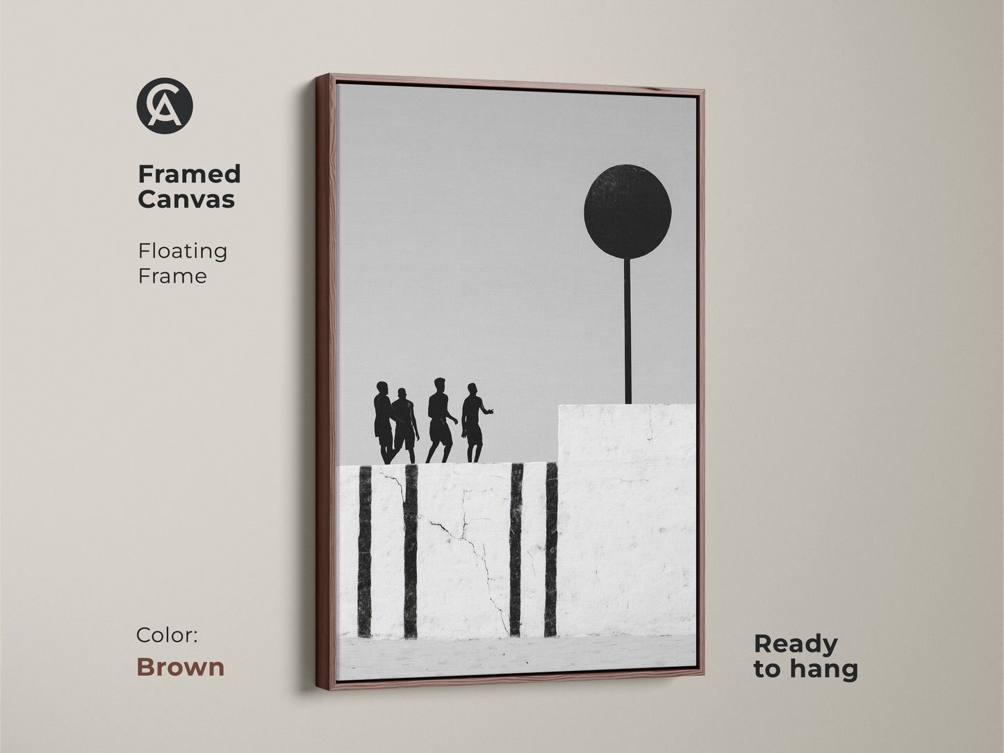 Framed canvas in a brown frame showcasing surreal figures. Monochrome art with a black sphere accents the minimalist home decor look. This abstract figure silhouette print adds an artistic touch to any space. Ready to hang.