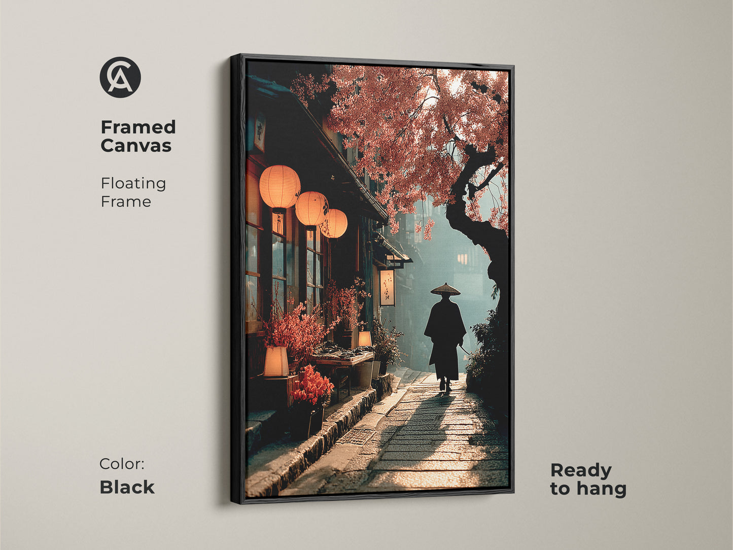 Framed in black this Japanese street scene canvas features a samurai walking under cherry blossoms. The artwork with warm orange and earthy tones embodies Japandi style. It's a ready to hang piece perfect for any home. This serene landscape adds cultural depth to your space.