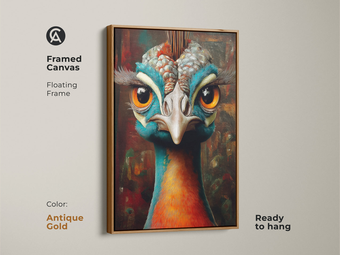 Framed canvas with an antique gold floating frame featuring a detailed ornate peacock. This unique avian artwork adds a sophisticated touch. Great for home offices bedrooms or living areas.