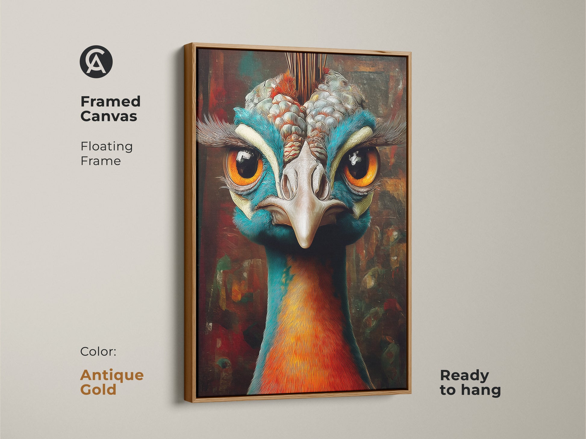 Framed canvas with an antique gold floating frame featuring a detailed ornate peacock. This unique avian artwork adds a sophisticated touch. Great for home offices bedrooms or living areas.