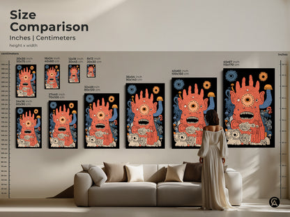 Size comparison of surreal monster art prints. This quirky creature wall art is available in various sizes. Choose from abstract orange blue canvas prints. Perfect for adding fantasy art to any room. A unique gift for art lovers.