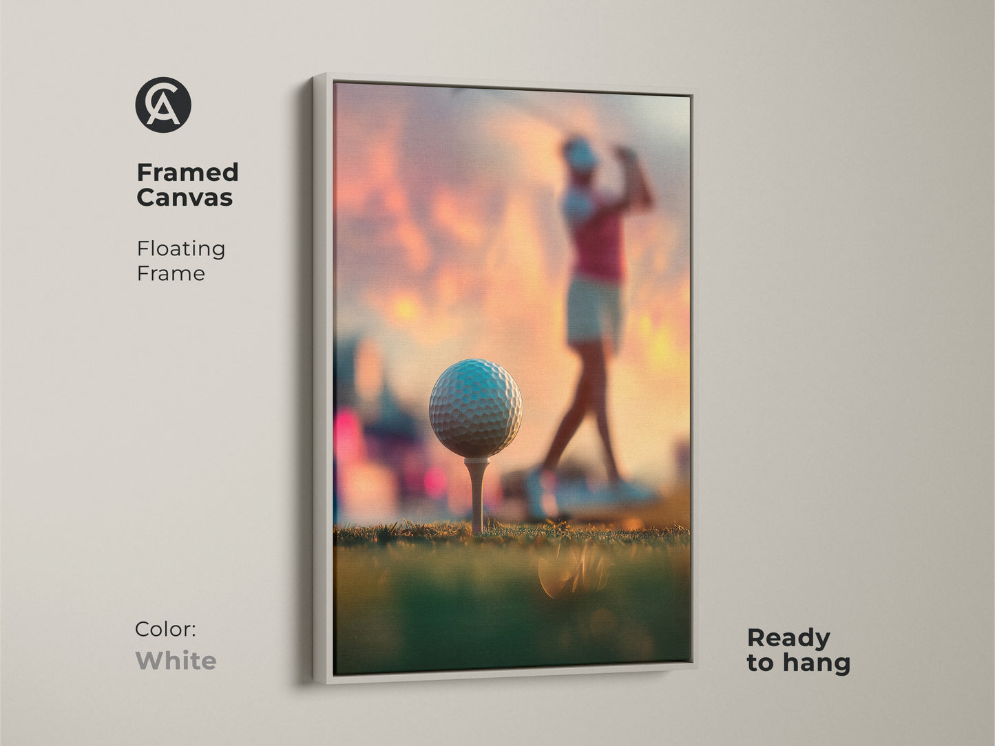 Framed canvas artwork showcasing a woman golfer. White floating frame provides a clean look. Ready to hang in any room. This golf art adds a modern touch to your decor. A stylish choice for golf enthusiasts. Buy it now.