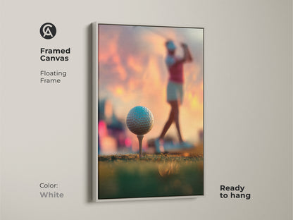 Framed canvas artwork showcasing a woman golfer. White floating frame provides a clean look. Ready to hang in any room. This golf art adds a modern touch to your decor. A stylish choice for golf enthusiasts. Buy it now.