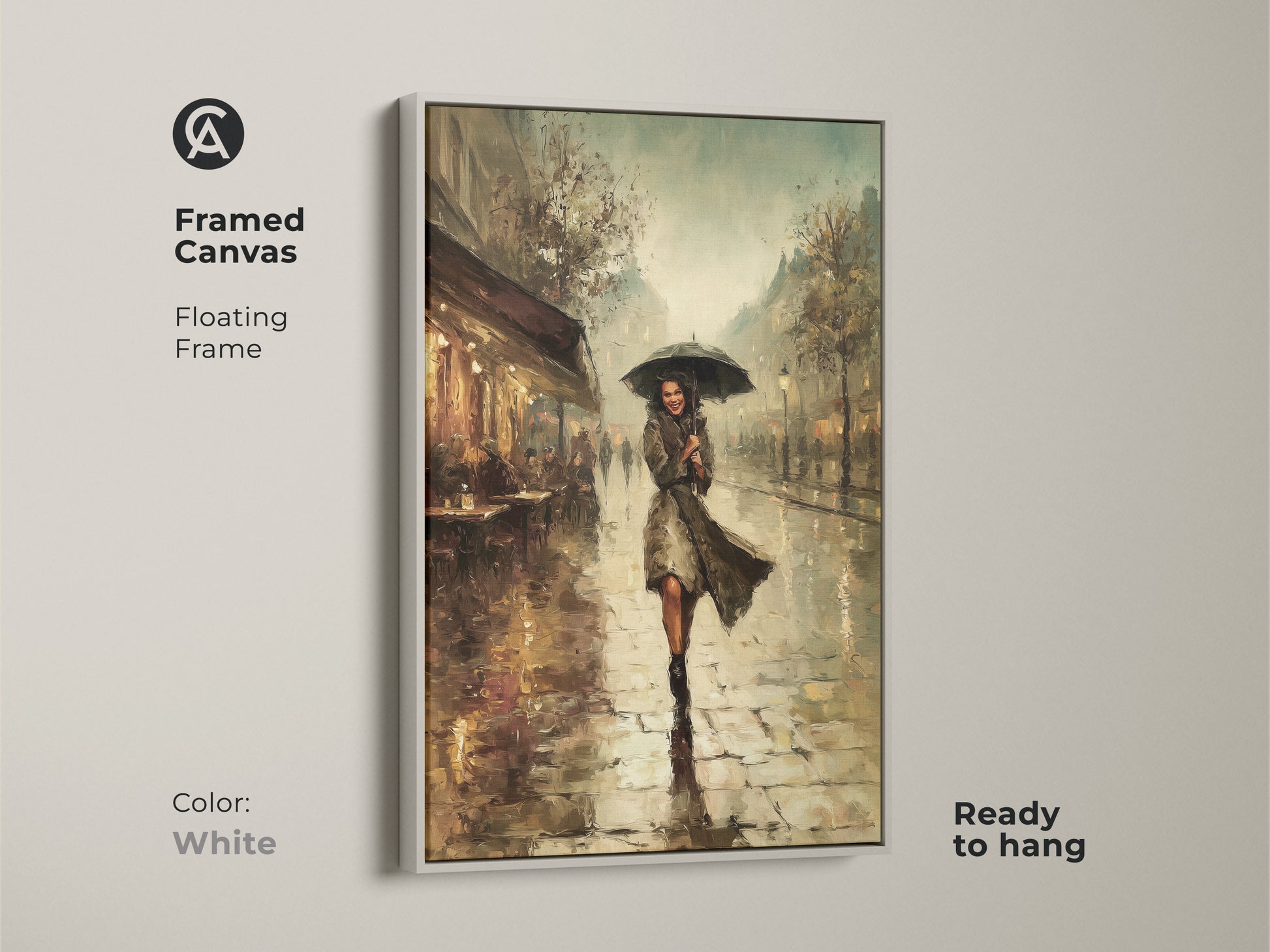 Framed canvas art of a Paris cafe scene with a white floating frame. The artwork features an Impressionist woman with an umbrella. The teal yellow brown colors create an eclectic style. Ready to hang. This classic city art print brings European elegance to your home.