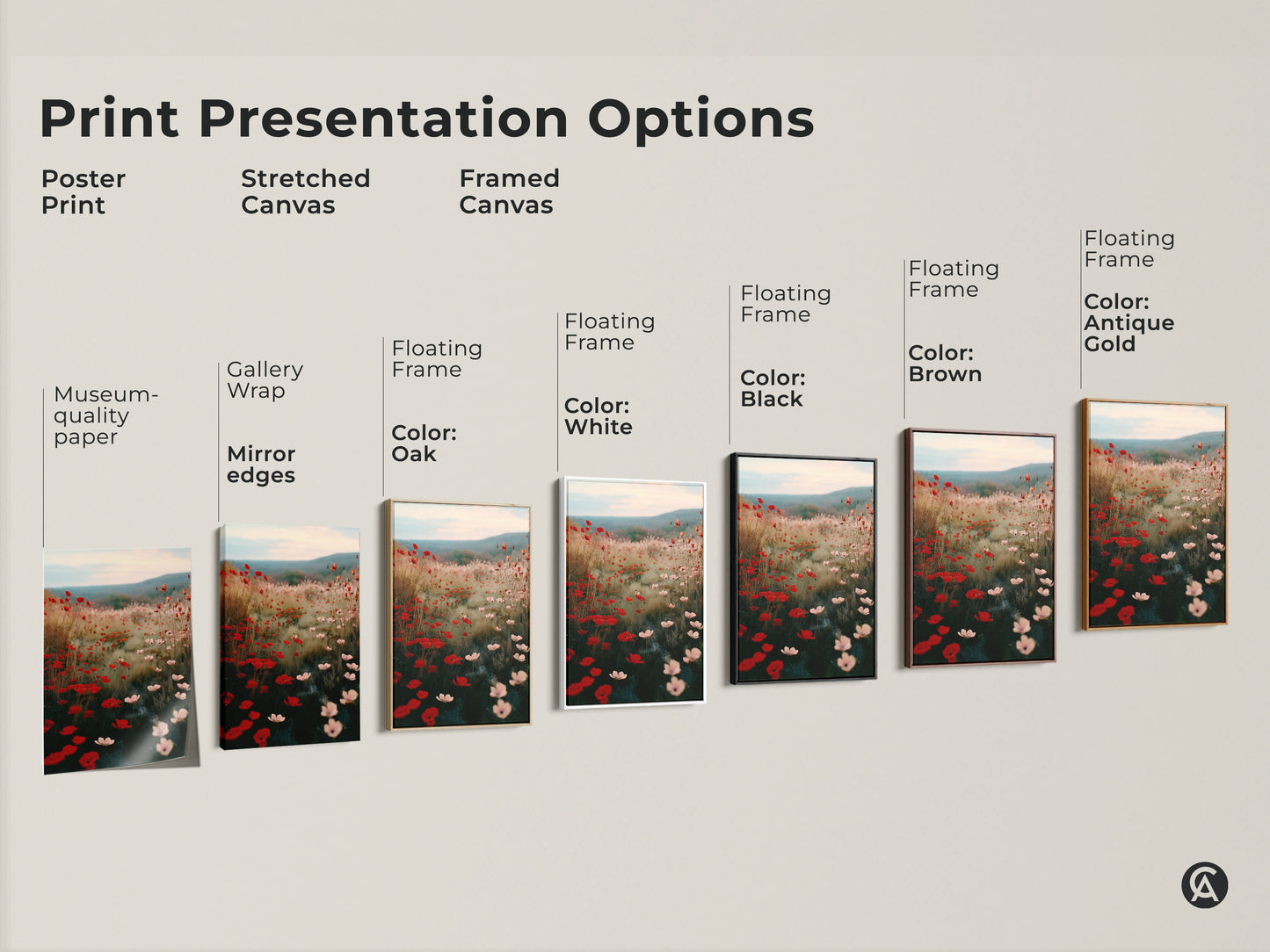 Explore print presentation options for the Crimson Red Poppy Field artwork. Choose from poster prints stretched canvases and framed canvases. Find the perfect style with museum quality edges gallery wraps and floating frames in various colors. Enhance your space with botanical art.