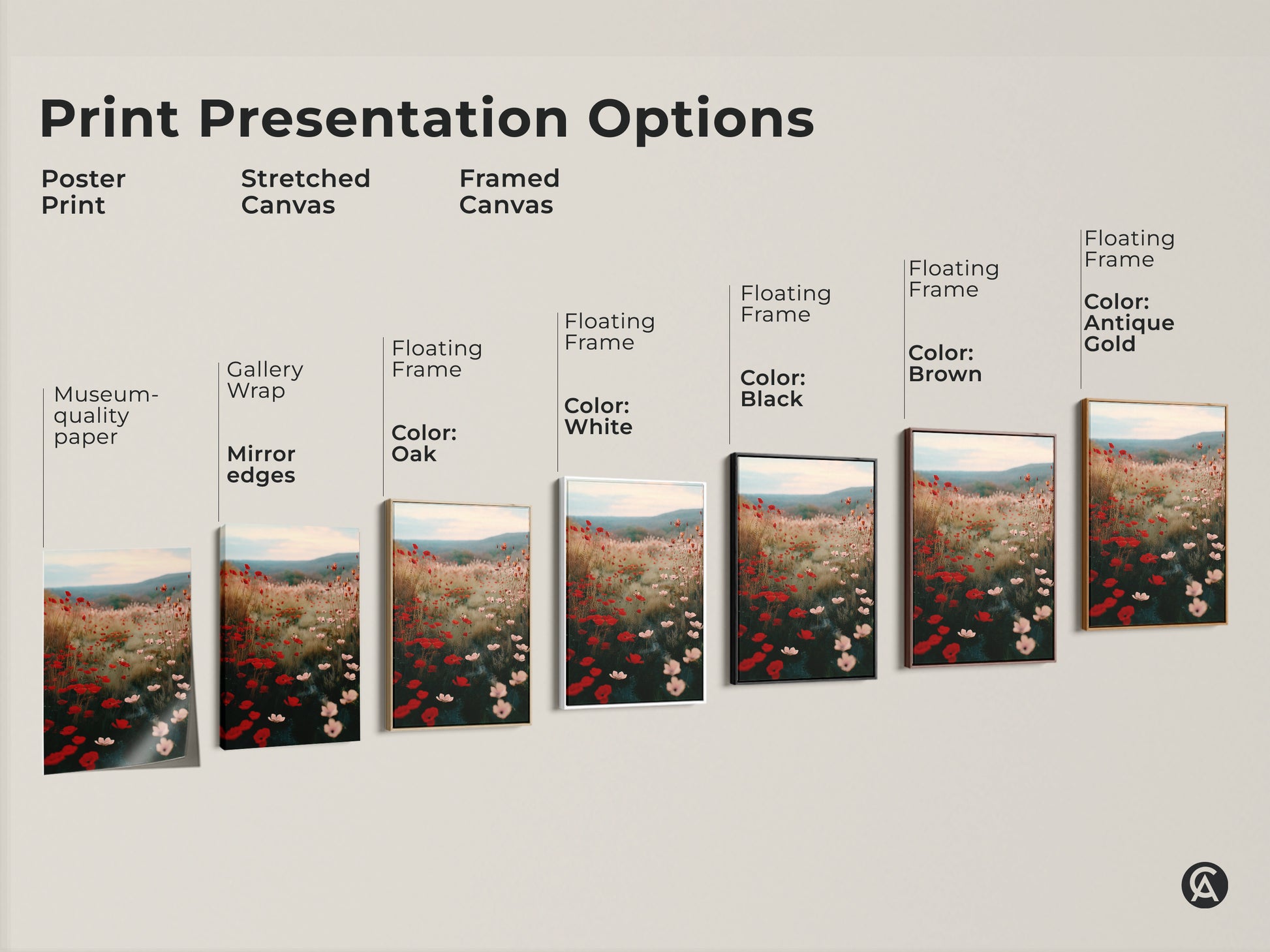 Explore print presentation options for the Crimson Red Poppy Field artwork. Choose from poster prints stretched canvases and framed canvases. Find the perfect style with museum quality edges gallery wraps and floating frames in various colors. Enhance your space with botanical art.