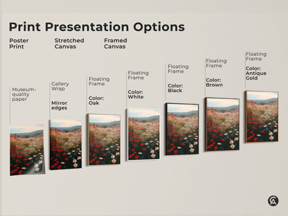Explore print presentation options for the Crimson Red Poppy Field artwork. Choose from poster prints stretched canvases and framed canvases. Find the perfect style with museum quality edges gallery wraps and floating frames in various colors. Enhance your space with botanical art.