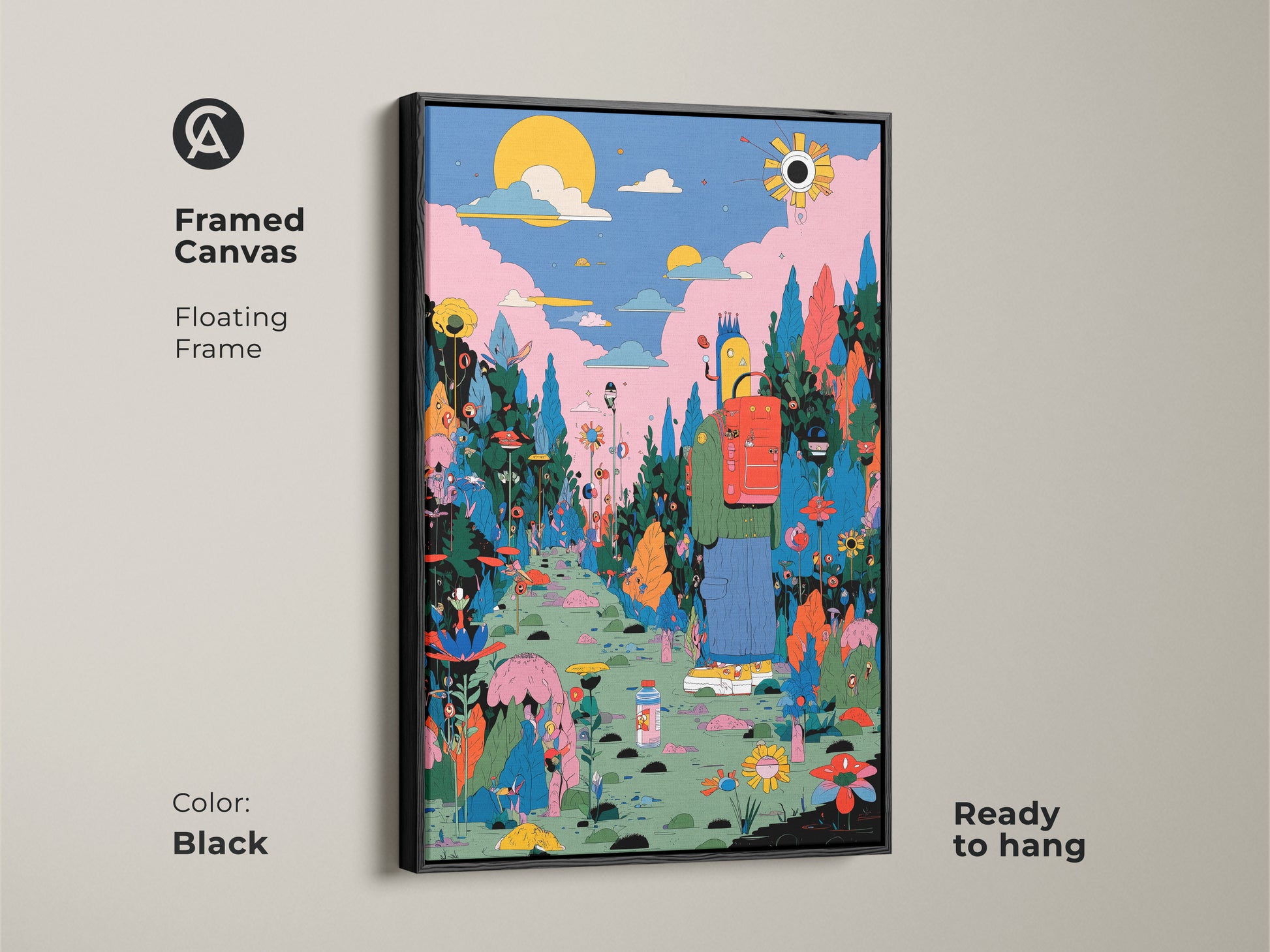 A framed canvas with a black floating frame displays a whimsical artwork. The scene includes a figure with a red backpack walking a colorful path. Ready to hang and adds a touch of fantasy. This framed art enhances any room's decor. Get yours today and enjoy this unique piece.