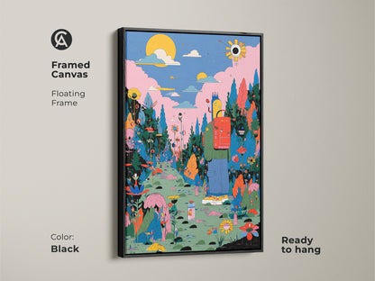 A framed canvas with a black floating frame displays a whimsical artwork. The scene includes a figure with a red backpack walking a colorful path. Ready to hang and adds a touch of fantasy. This framed art enhances any room's decor. Get yours today and enjoy this unique piece.