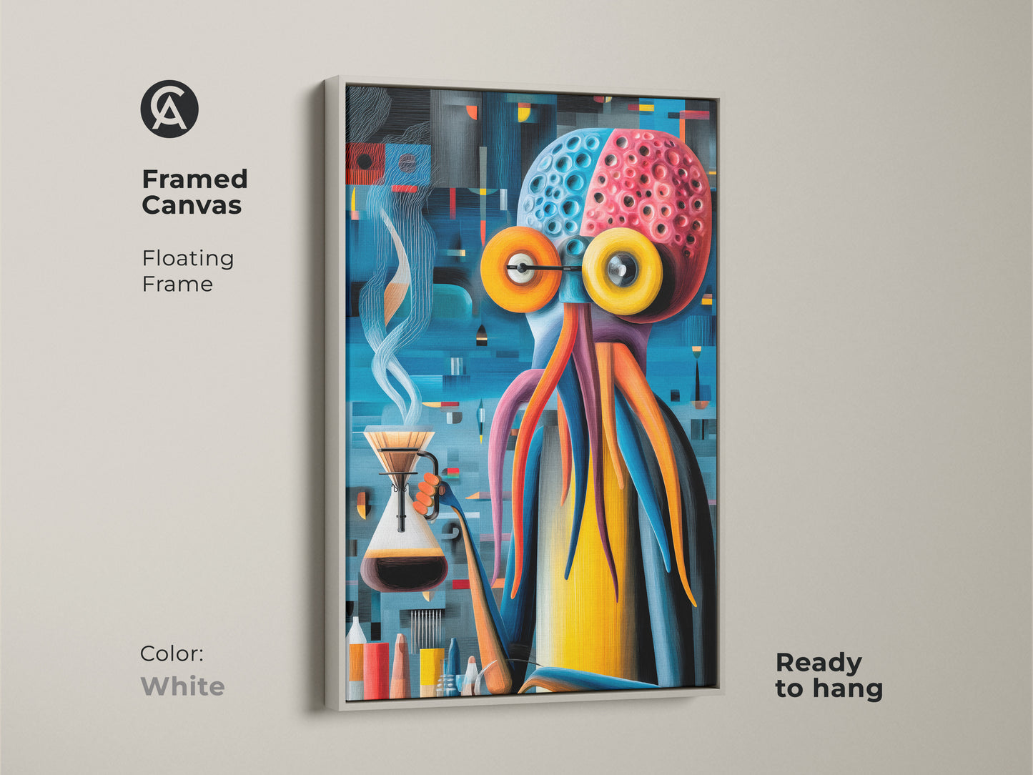 Explore print presentation options for surreal octopus art. This abstract piece features an octopus making coffee. Choose from poster prints or stretched and framed canvases. Options include floating frames in black brown and antique gold. Enhance your living space with unique eclectic artwork today.