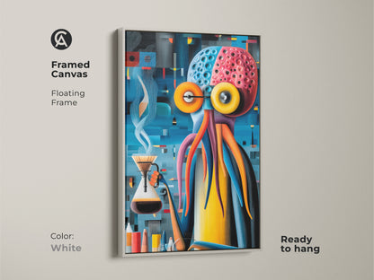 Explore print presentation options for surreal octopus art. This abstract piece features an octopus making coffee. Choose from poster prints or stretched and framed canvases. Options include floating frames in black brown and antique gold. Enhance your living space with unique eclectic artwork today.