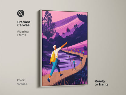 Framed canvas in white with a floating frame. The scenic trail wall hanging is ready to hang. This backpacking adventure print is perfect nature lover wall decor. Modern illustrative landscape for any room.