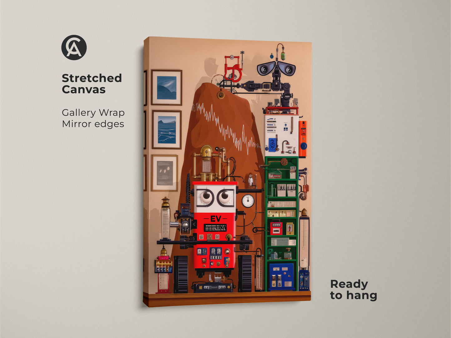 A steampunk robot canvas print is ready to hang on a gallery wall. The artwork shows gears and machinery. It blends red blue and brown. This abstract machine artwork makes striking office decor. This gift idea caters to tech enthusiasts.