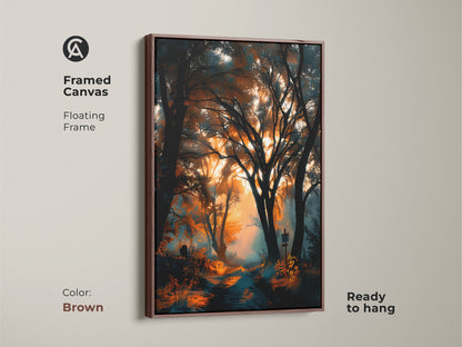 Brown framed canvas artwork of a forest path. The warm brown frame complements the art. The floating frame style is elegant. Ready to hang. A perfect gift for art enthusiasts.