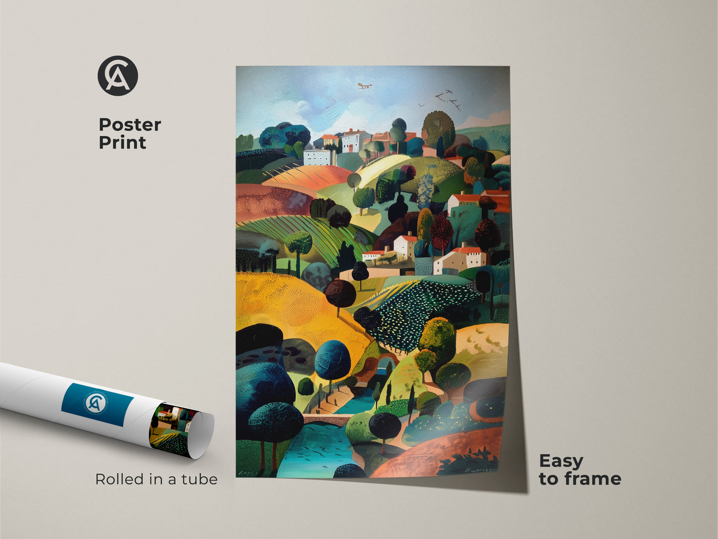 Poster print of a folk art landscape. The countryside village wall art has naive art homes decor. This golden emerald teal artwork captures rolling hills. The print is easy to frame and ships rolled in a tube. It's a perfect travel lover housewarming gift and eclectic home decor art piece.