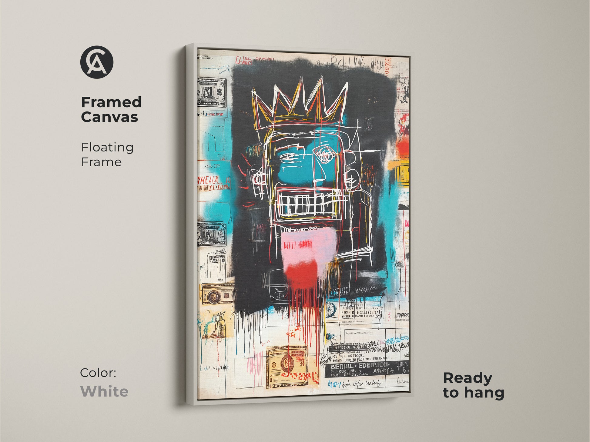 This is a framed canvas print of a Basquiat-style artwork. The floating frame is white. The artwork features a crowned figure with graffiti elements. Ready to hang this canvas art will transform your space