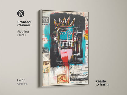 This is a framed canvas print of a Basquiat-style artwork. The floating frame is white. The artwork features a crowned figure with graffiti elements. Ready to hang this canvas art will transform your space