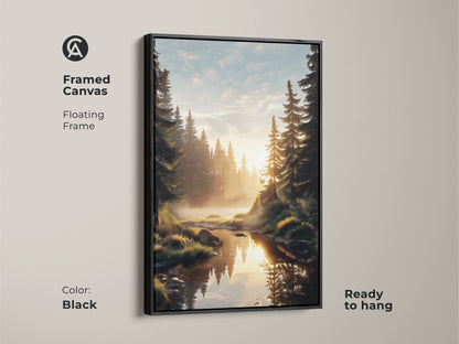 Framed canvas featuring a rustic pine forest river landscape. The black floating frame enhances the golden hour nature art. Ready to hang this tranquil river art brings the outdoors in. An excellent emerald green wall art gift.