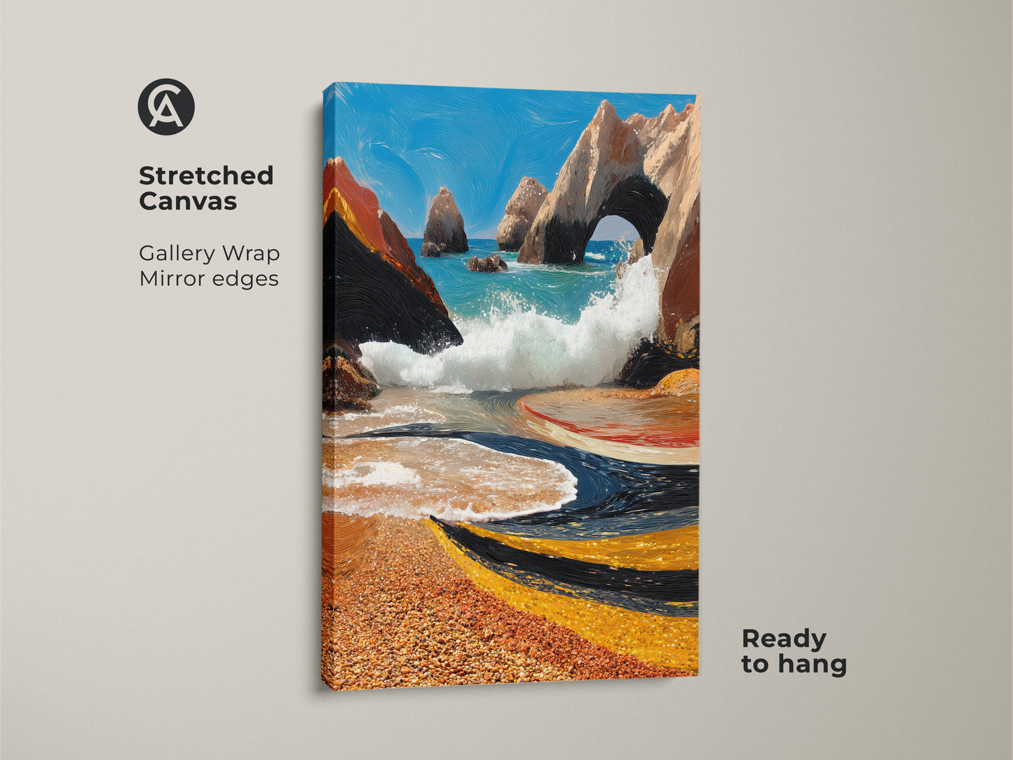 Stretched canvas gallery wrap with mirror edges featuring a coastal archway. Ocean waves crash against the beach print. The art has textured aqua and orange hues. Blue landscape wall decor ideal as a beach lover gift. Ready to hang for coastal home decor.